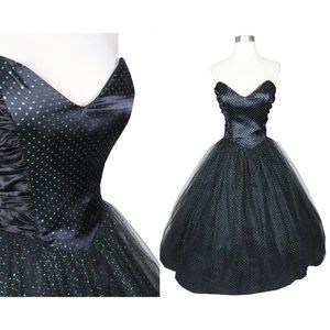 Vintage 80s GUNNE SAX Green Polka Dot Strapless Black TULLE Prom Party Dress S